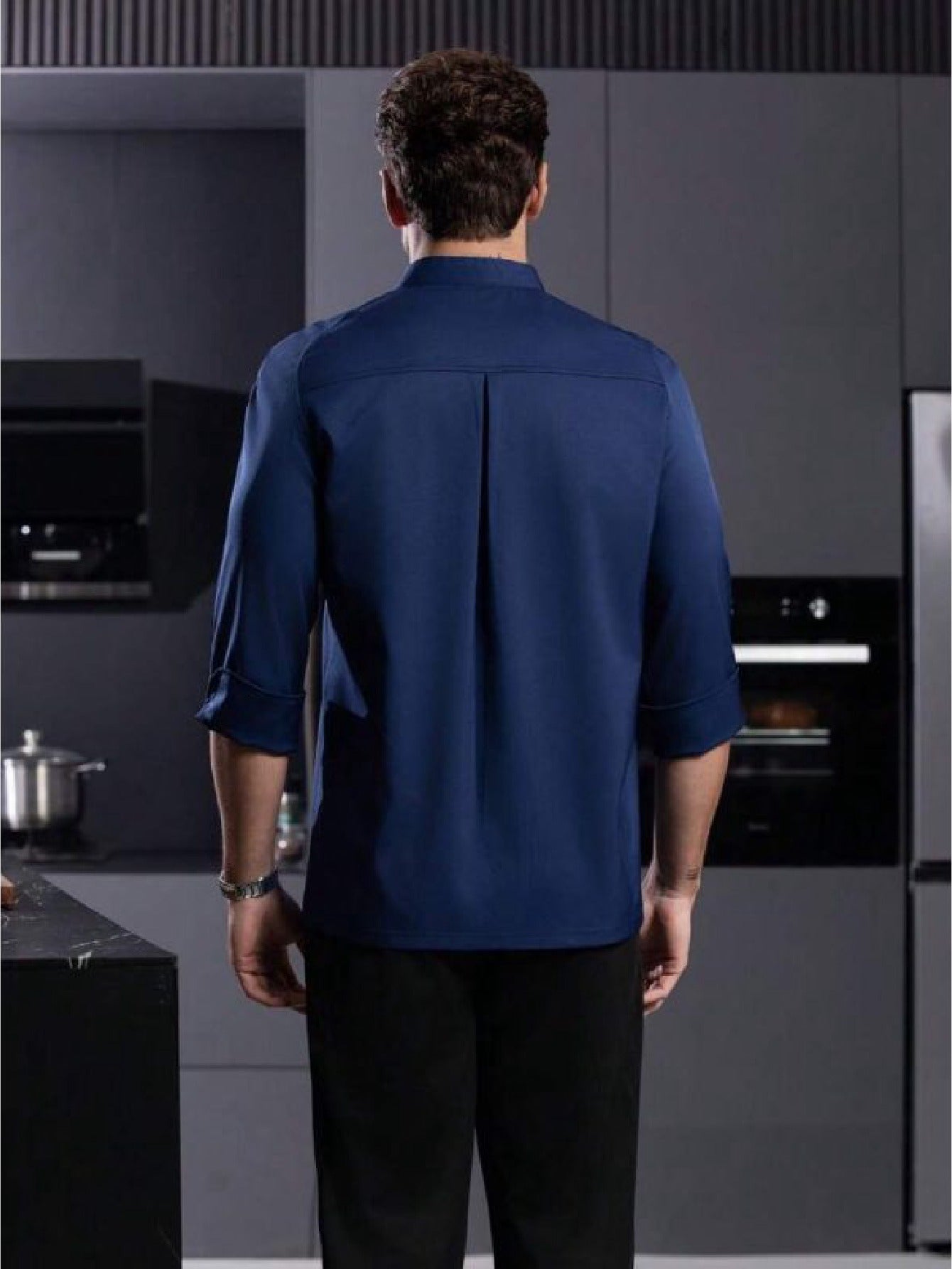 Men’s Blue Long-Sleeve Chef Uniform in Blue (Size: AE XXS) – Professional Luxury Hotel & Restaurant Culinary Jacket