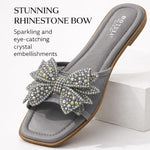 Women’s Square-Toe Rhinestone Bow Slide Sandals – Cushioned Flat Slip-On Shoes