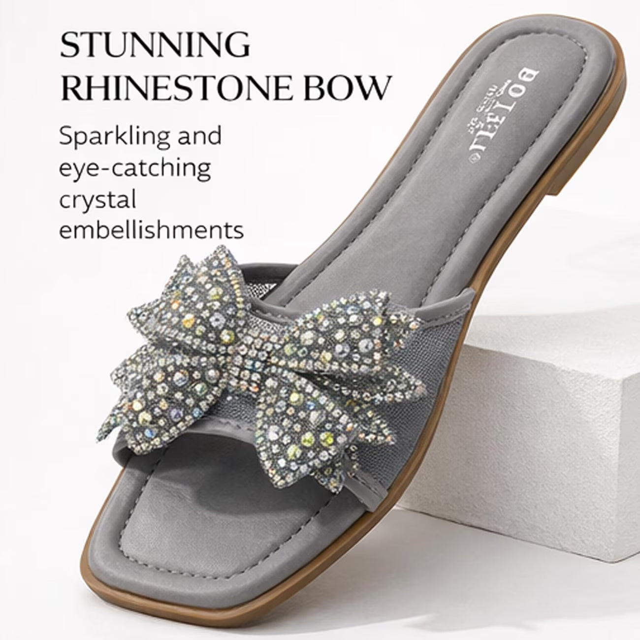 Women’s Square-Toe Rhinestone Bow Slide Sandals – Cushioned Flat Slip-On Shoes