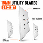 18mm Utility Knife Replacement Blades – Silver, 5pcs Multi-Hole Sharp Straight-Edge Steel Blades for Box Cutter, Scraper, Packaging, Crafts & DIY Use