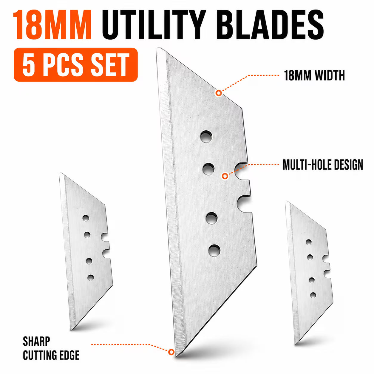 18mm Utility Knife Replacement Blades – Silver, 5pcs Multi-Hole Sharp Straight-Edge Steel Blades for Box Cutter, Scraper, Packaging, Crafts & DIY Use