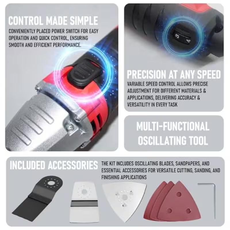 iBELL MT32-28 Multi-Functional Oscillating Tool (Red) – 280W Motor, 10,000-21,000 SPM 6-Speed Control & Complete Accessories Kit
