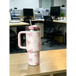 40oz Stainless Steel Tumbler – Pink Floral Design, Straw, Double-Wall Insulated Cup