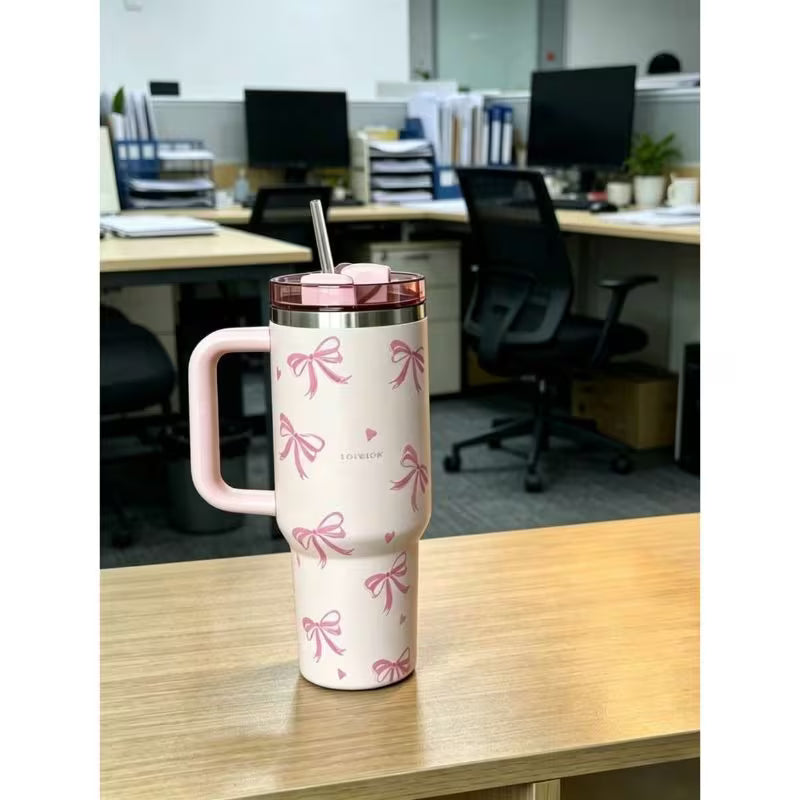 40oz Stainless Steel Tumbler – Pink Floral Design, Straw, Double-Wall Insulated Cup
