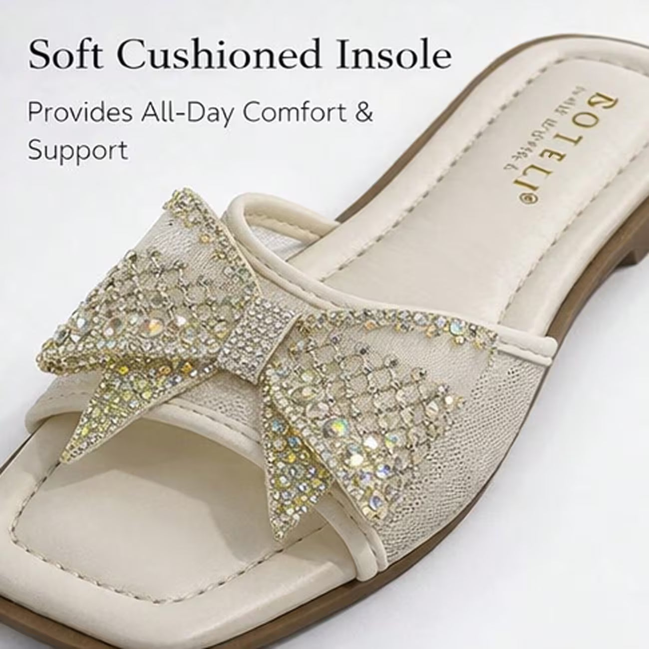 Women’s Rhinestone Bow Square-Toe Slide Sandals – Cushioned Flat Summer Shoes