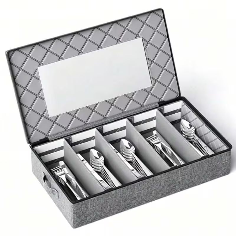 Large-Capacity Dinnerware Organizer – 5 Compartments with Dust-Proof Lid, Gray Linen Design
