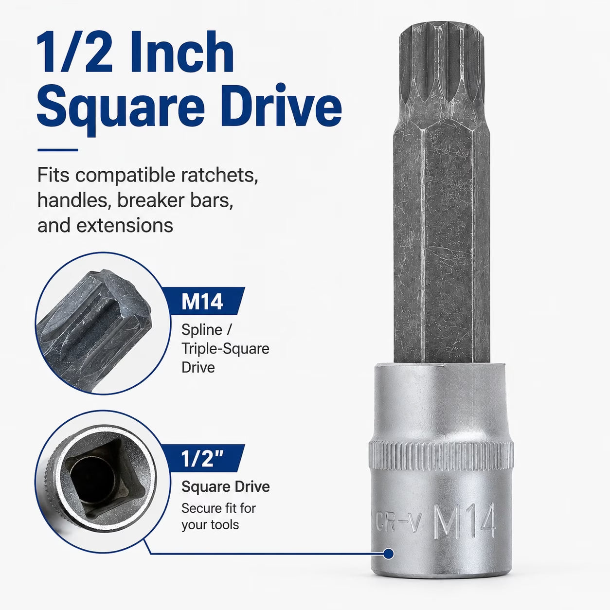 M14 Spline Bit Socket – Silver, 1/2-Inch Drive, 4-Inch Long CR-V Triple Square Socket for Ratchet, Automotive Repair & DIY