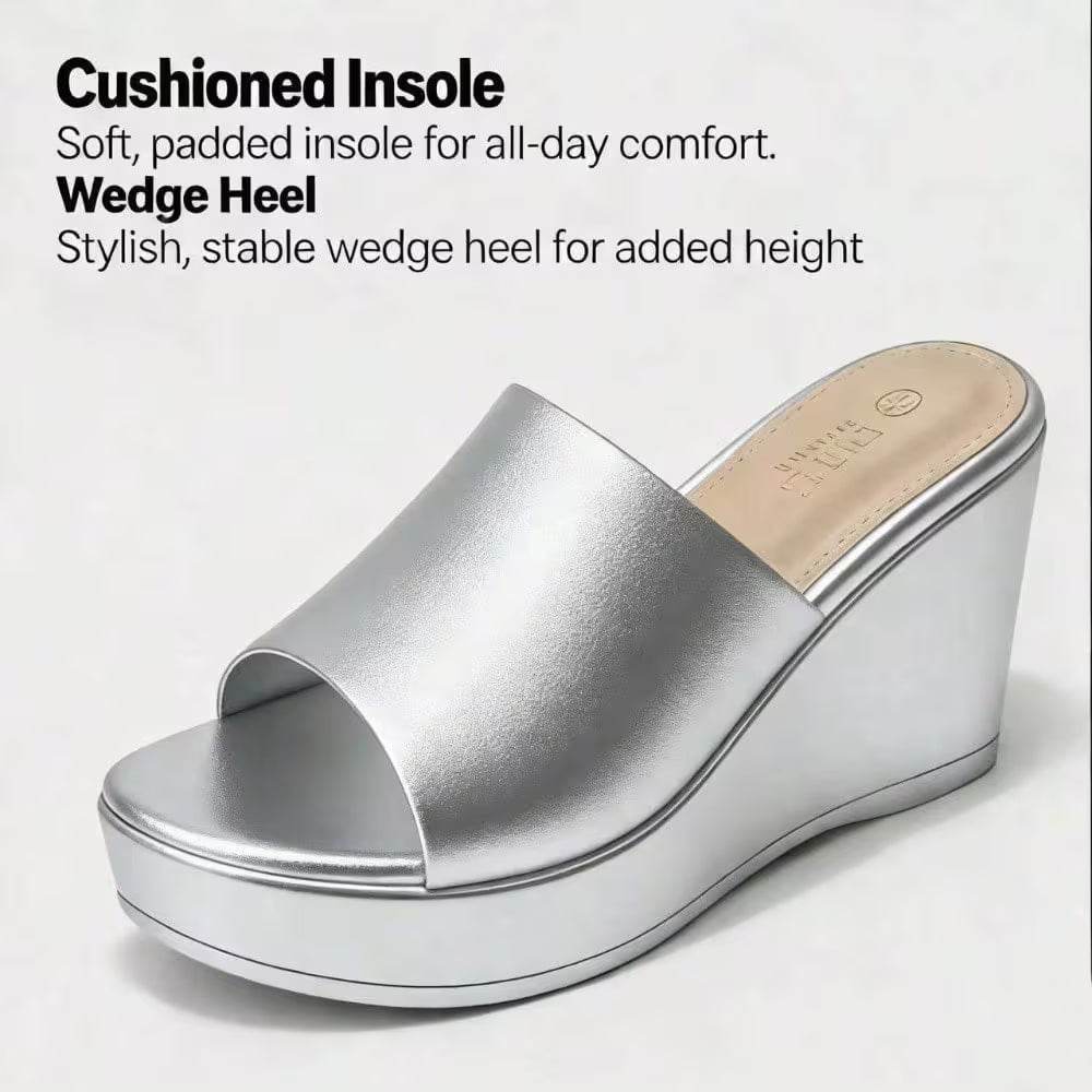 Women's Wedge Heel Mule Sandals – Platform Peep Toe, Cushioned Slip-On Design