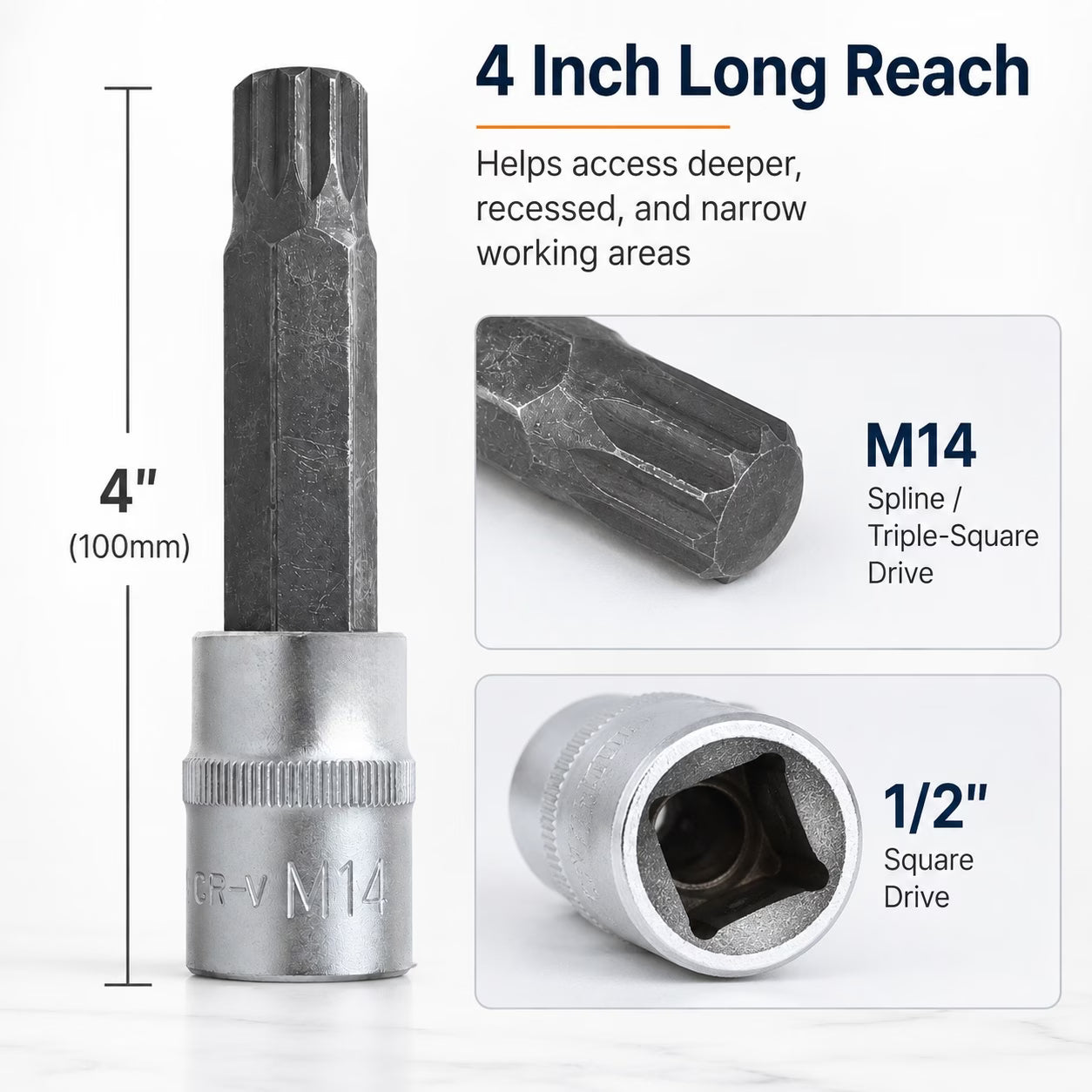 M14 Spline Bit Socket – Silver, 1/2-Inch Drive, 4-Inch Long CR-V Triple Square Socket for Ratchet, Automotive Repair & DIY