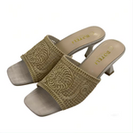Women's Square-Toe Mule Sandals – Embroidered Mesh, Spool Heel, Golden Thread Detail