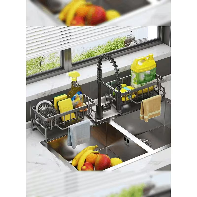 2-Piece Kitchen Sink Sponge Holder – Metal Sink Organizer with Dishcloth Rack