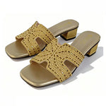 Women's Rhinestone Mule Sandals – Square Toe, Block Heel, Glittery Cut-Out Design