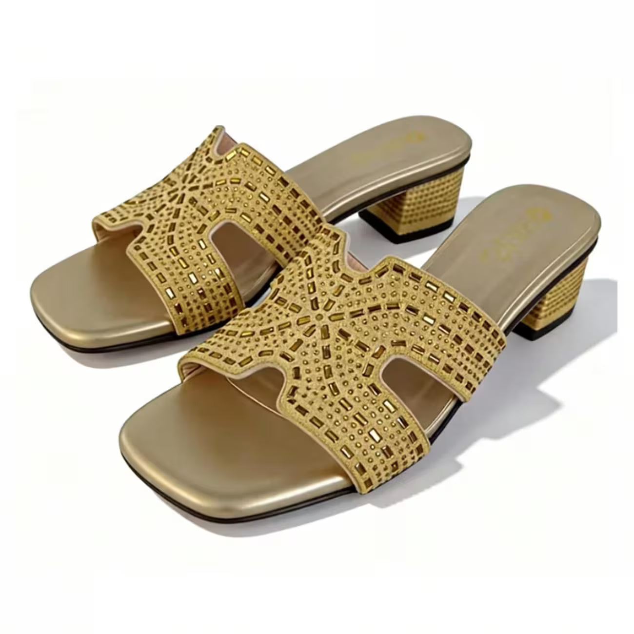 Women's Rhinestone Mule Sandals – Square Toe, Block Heel, Glittery Cut-Out Design
