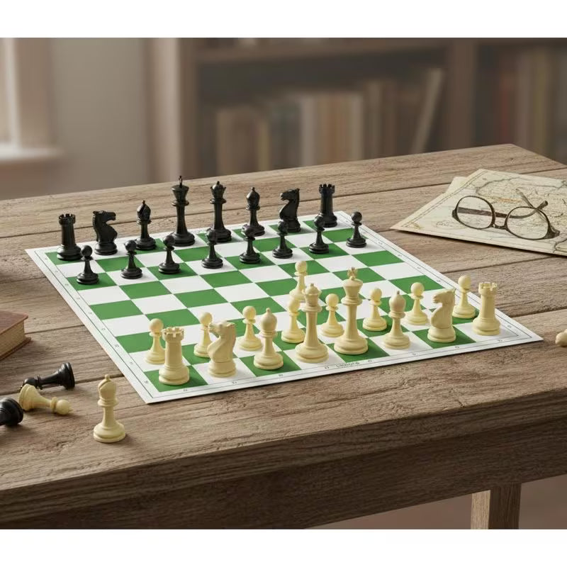 43.18cm X 43.18cm Tournament Chess Vinyl Foldable Chess Set - Green Chess Board with Solid Plastic Pieces, Professional Tournament Chess Game, Portable Foldable Board for Adults & Players