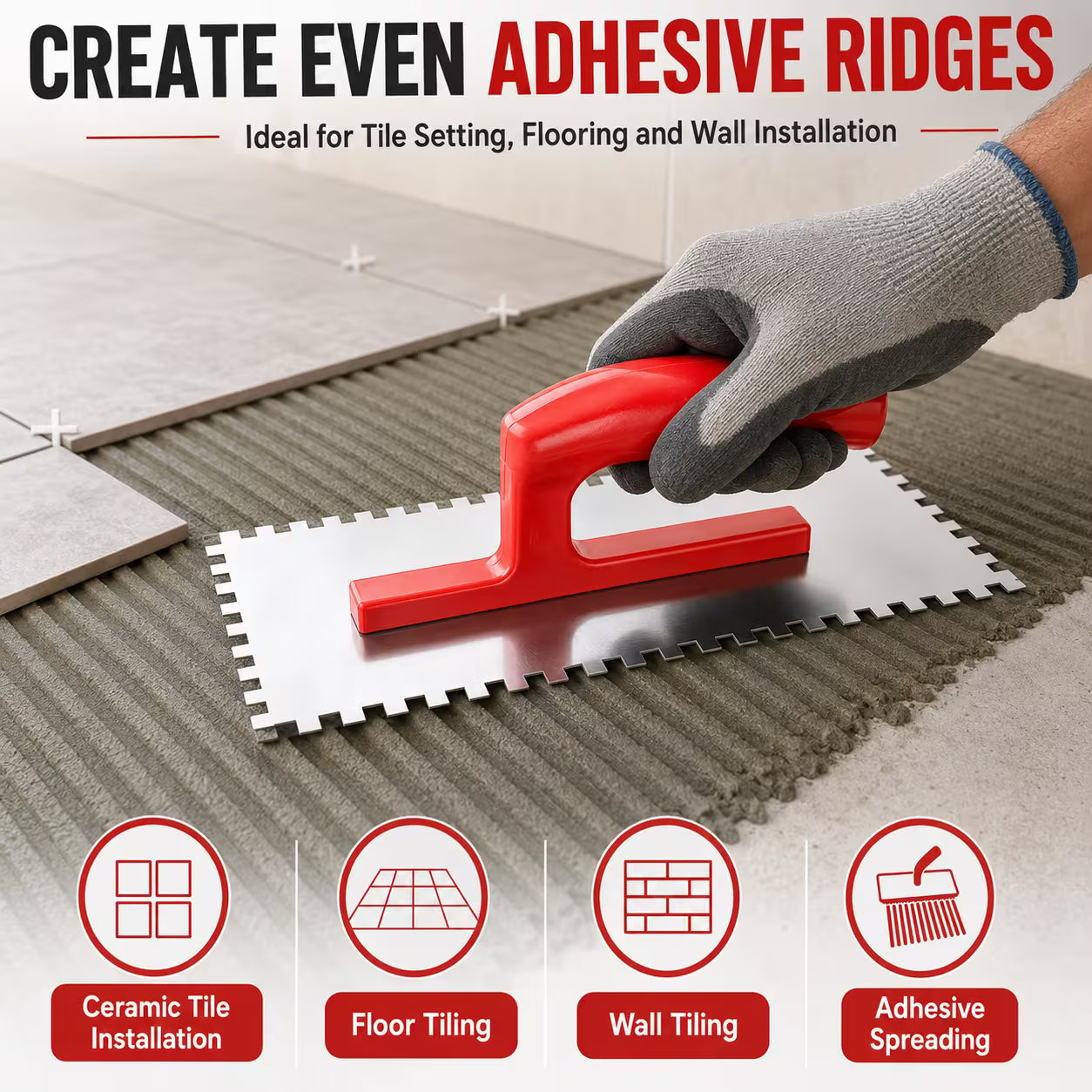 280 × 130mm Notched Trowel – Silver & Red, Stainless Steel 6 × 6mm Square-Tooth Tile Adhesive Spreader with Ergonomic Handle for Flooring, Wall Tiles, Plaster & Construction Use