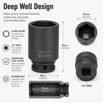 41mm Deep Impact Socket - Black, 3/4 Inch Square Drive, Cr-Mo Steel 6-Point Socket, Heavy-Duty Deep Socket for Impact Wrench, Ratchet & Breaker Bar, Automotive & Machinery Repair