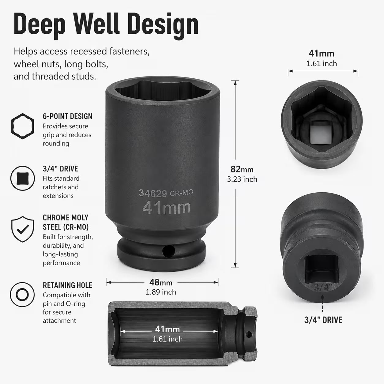 41mm Deep Impact Socket - Black, 3/4 Inch Square Drive, Cr-Mo Steel 6-Point Socket, Heavy-Duty Deep Socket for Impact Wrench, Ratchet & Breaker Bar, Automotive & Machinery Repair