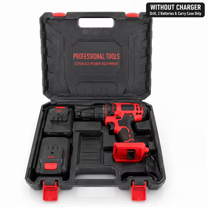 Red & Black 18V Cordless Drill Driver Kit - 13mm Keyless Chuck, Rechargeable Battery Powered, 2 Batteries, Ergonomic Electric Power Drill, ABS & Metal Construction, Portable Tool Set with Carry Case for Home, Woodworking And DIY Projects