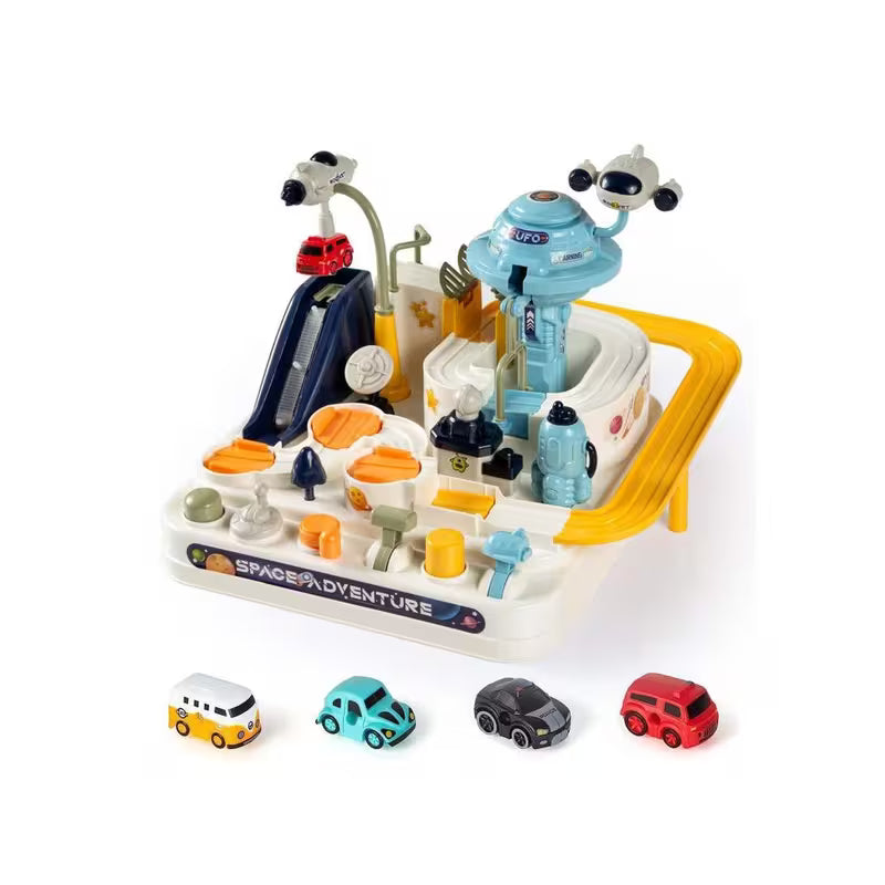Spaceman Adventure Track Parking Lot Toy Set - Multicolor Toddler Racing Track Car Toy, Small Train & Inertia Educational Toy, Creative Playset for Kids, Indoor & Outdoor Play