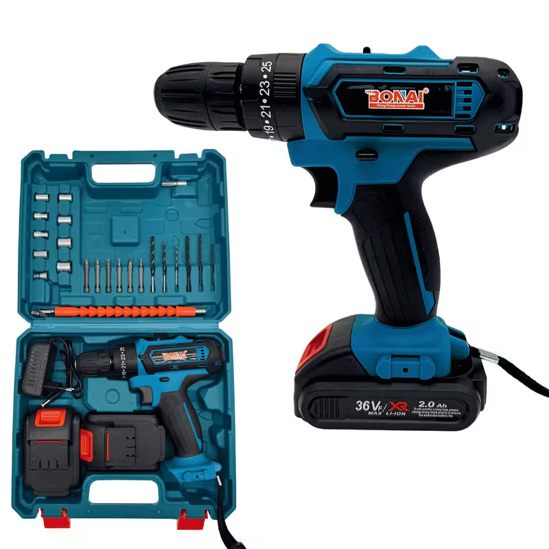 Bonai BN-HK62 Cordless Drill Driver - Black/Blue, 36VF 2.0Ah Li-Ion Battery, 40N·m Torque, 10mm Keyless Chuck, 2-Speed 0-350/0-1400 RPM, Variable Speed, LED Light, Compact Electric Screwdriver Kit