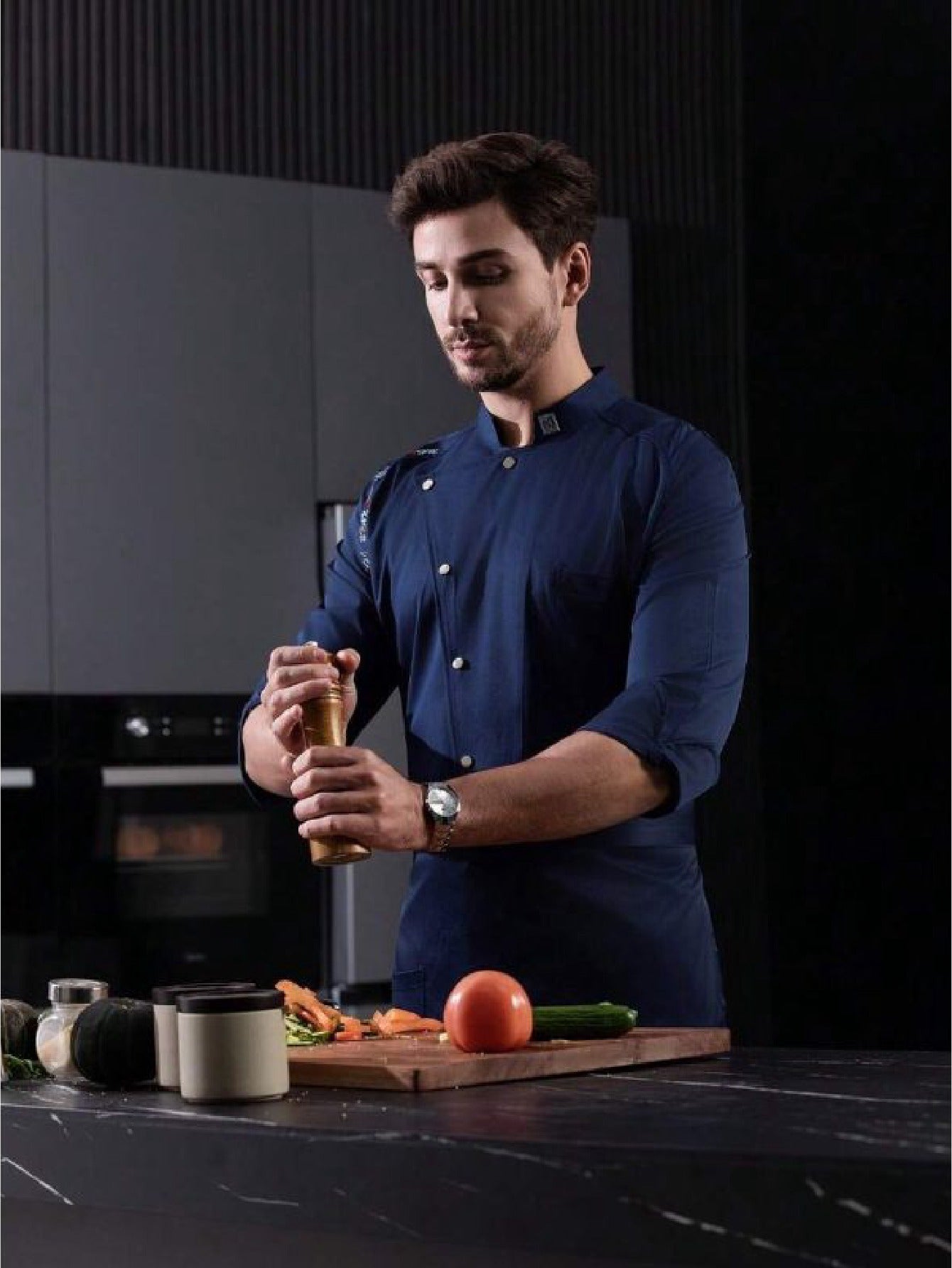 Men’s Blue Long-Sleeve Chef Uniform in Blue (Size: AE XXS) – Professional Luxury Hotel & Restaurant Culinary Jacket