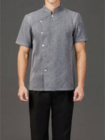 Men’s Short-Sleeve Breathable Gray Chef Jacket in Grey (Size: AE XXS) – Neck Button-Front Summer Mesh Uniform