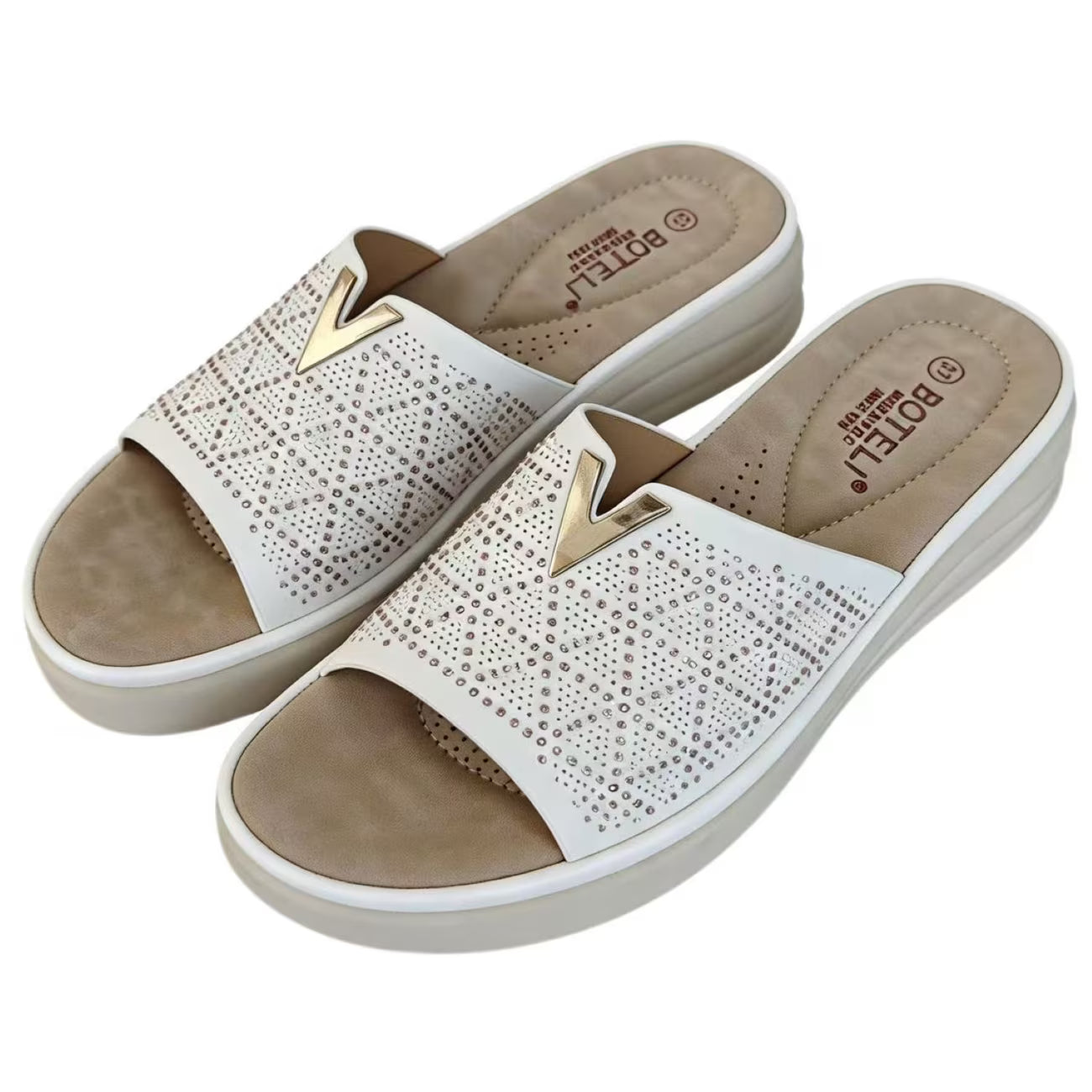 Women’s Rhinestone Platform Slide Sandals – Open-Toe Wedge Shoes with V-Metal Accents