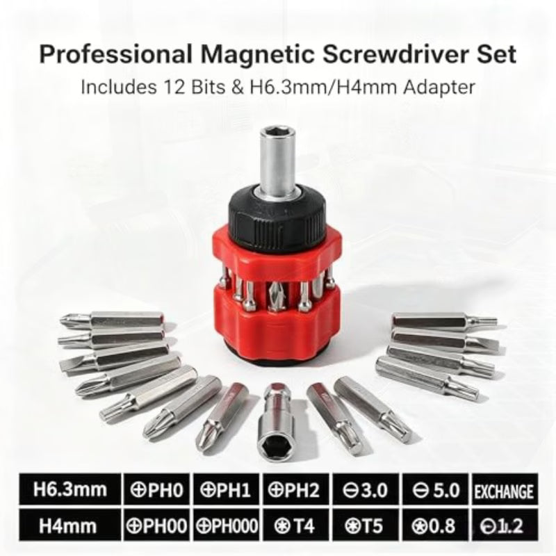 14-in-1 Ratchet Stubby Screwdriver Set - Red, Short Handle Multi-Bit Screwdriver, 12pcs Magnetic Bits, Phillips & Slotted Bits, 3-Position Ratcheting Handle, Compact Pocket Repair Tool