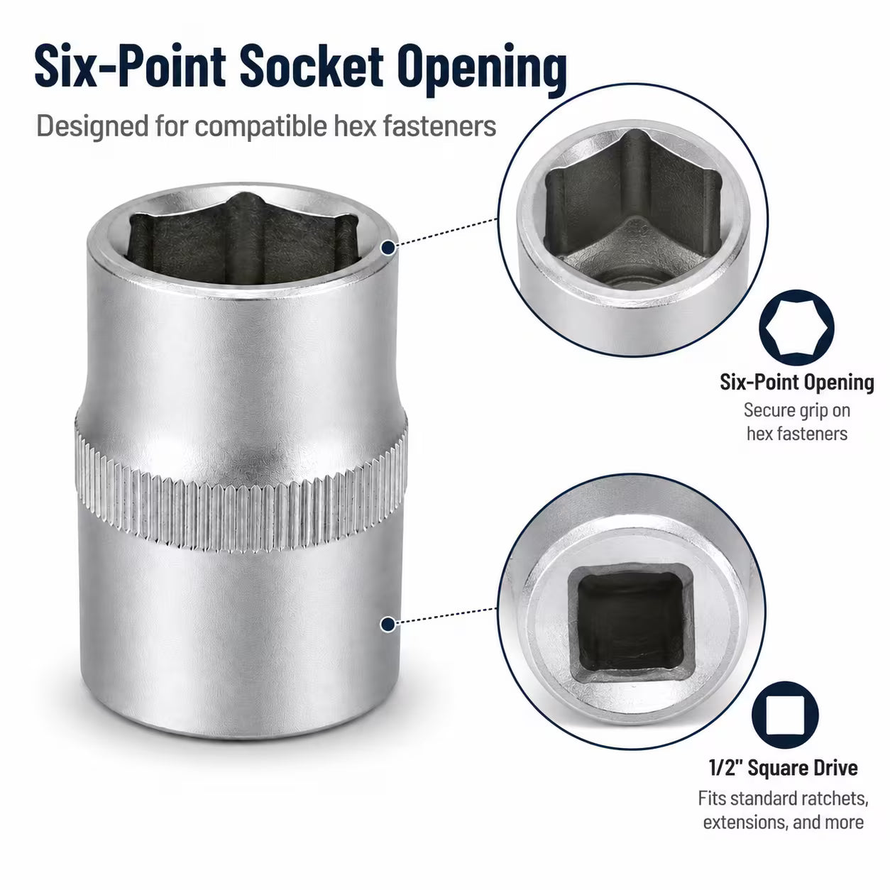 1/2-Inch Socket – Silver, 1/2-Inch Square Drive, 6-Point CR-V Chrome Vanadium Steel Socket for Ratchet, Breaker Bar & Automotive Repair