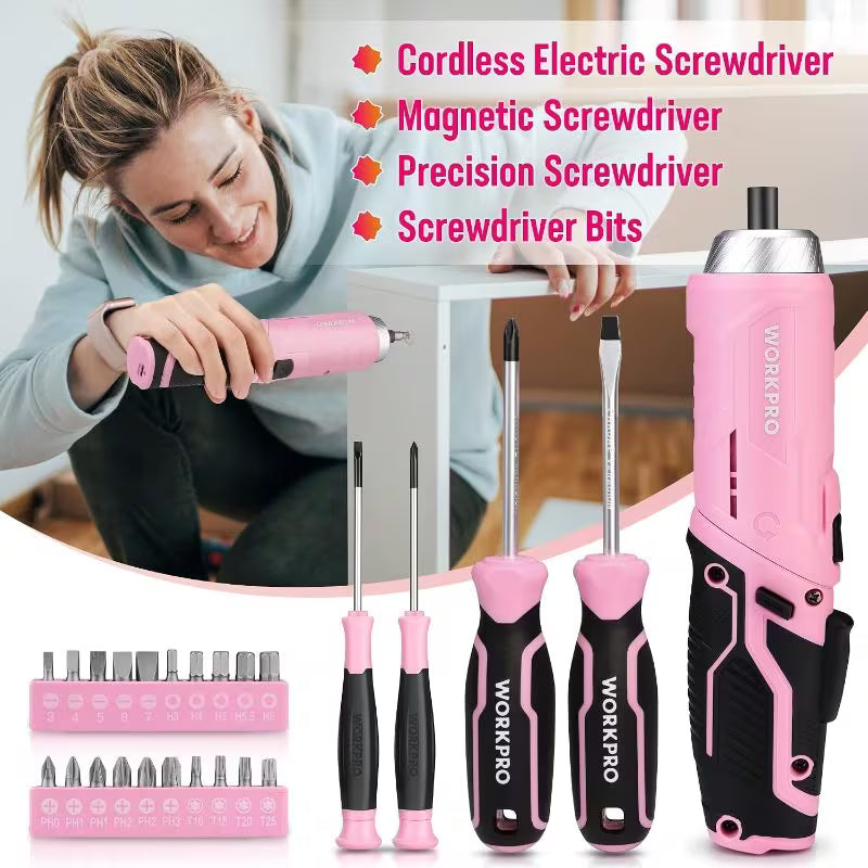 73-Piece Pink Tool Kit with 3.7V Cordless Screwdriver (Pink) – Portable Storage Box & Essential Home Repair Accessories