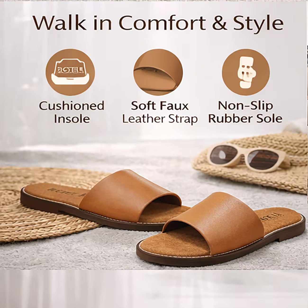 Women’s Flat Slide Sandals – Cushioned Insole Non-Slip Casual Summer Shoes