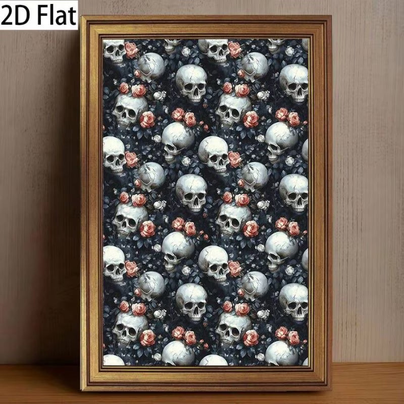 Vintage Skull & Rose Canvas Wall Art with Golden Frame, Color
