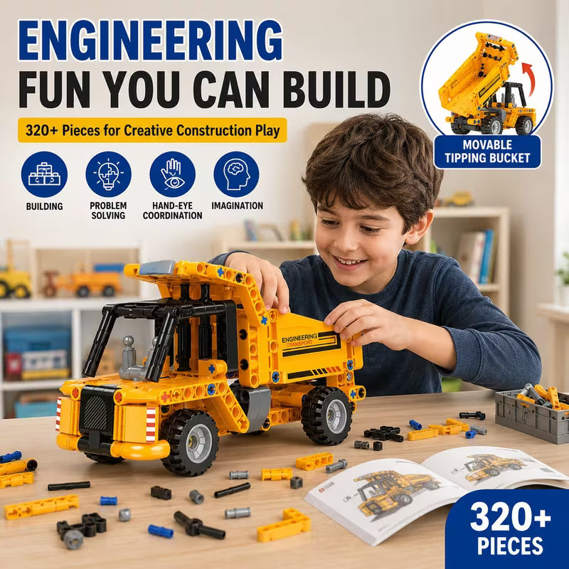320+PCS Engineering Dump Truck Building Blocks Set - Multicolor Mine Cart Construction Vehicle Model, Tilting Bucket & Rolling Wheels, STEM Assembly Toy, Engineering Vehicle Building Kit for Kids Ages 6+