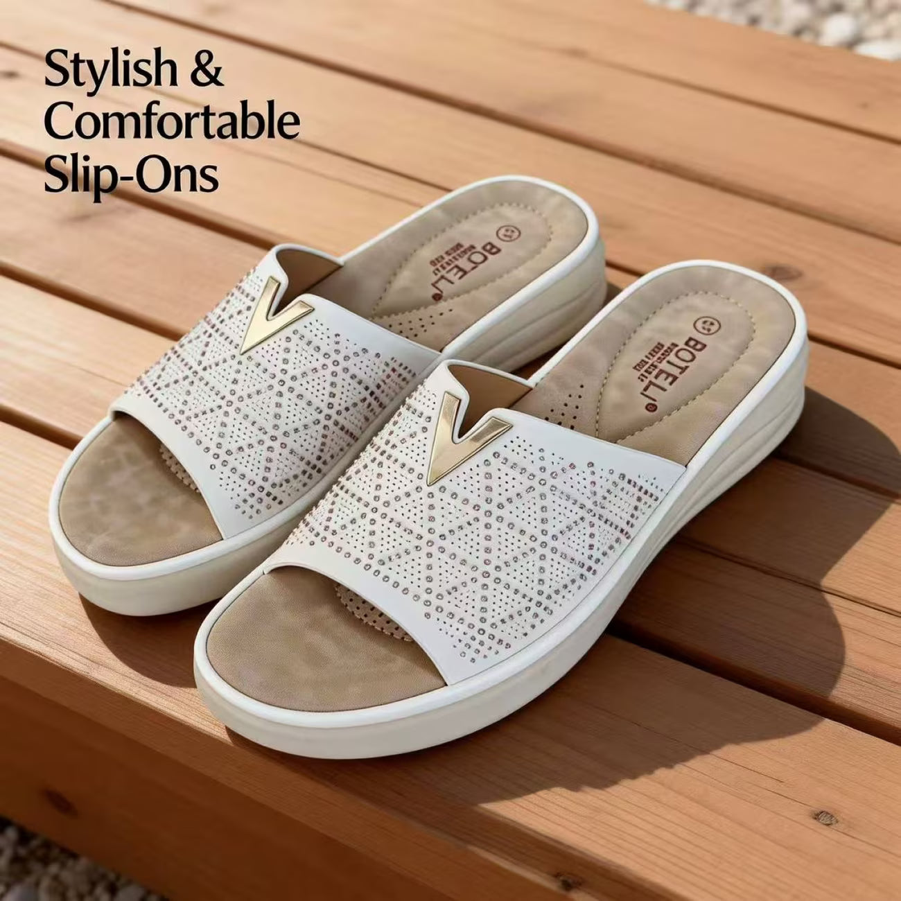 Women’s Rhinestone Platform Slide Sandals – Open-Toe Wedge Shoes with V-Metal Accents