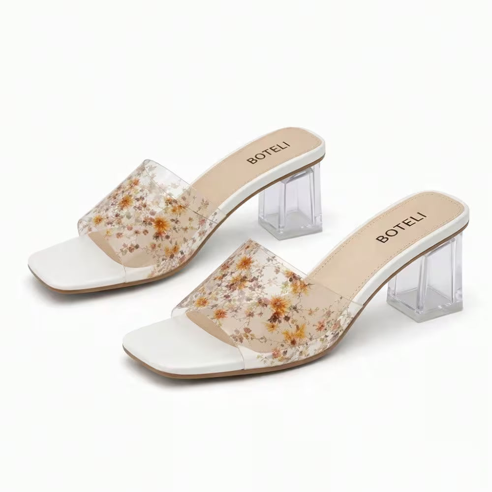 Desai Women's Clear Chunky Heel Mules – Transparent Ankle Strap Square Toe Sandals