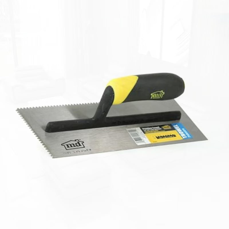 Premium Flat V-Notch Trowel - Silver Blade with Black & Yellow Handle, 1/8" x 1/8" x 1/16" Notch, Stainless Steel Blade, Ergonomic Rubber Handle, Mortar Spreader for Floors & Walls