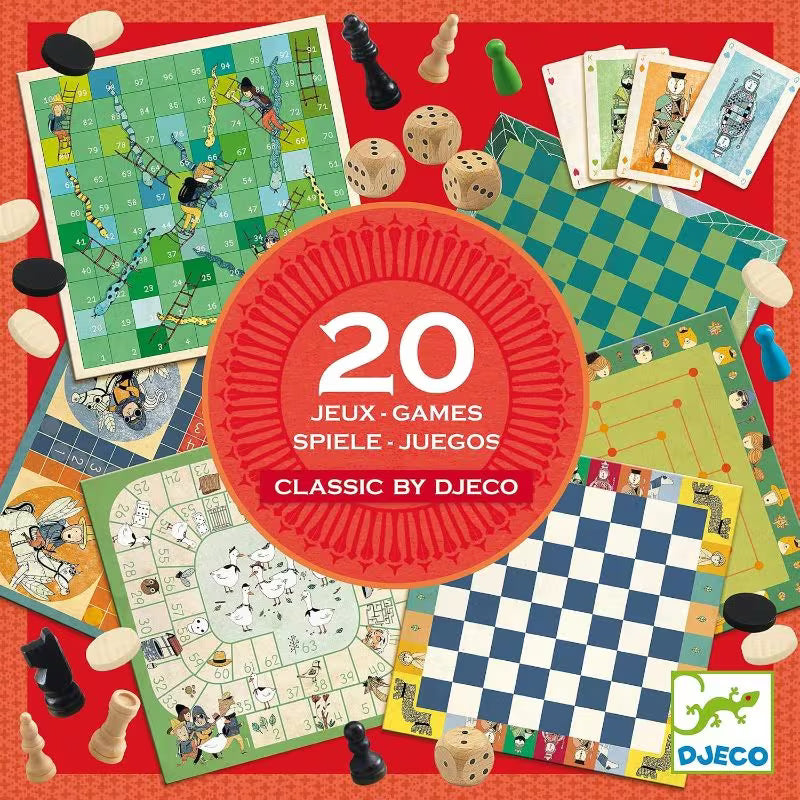 Box of 20 Classic Games - Multicolor Family Board Game Set, Variety Pack of Traditional Tabletop Games, Fun Strategy & Skill Games for Kids & Adults, Game Night Entertainment Collection