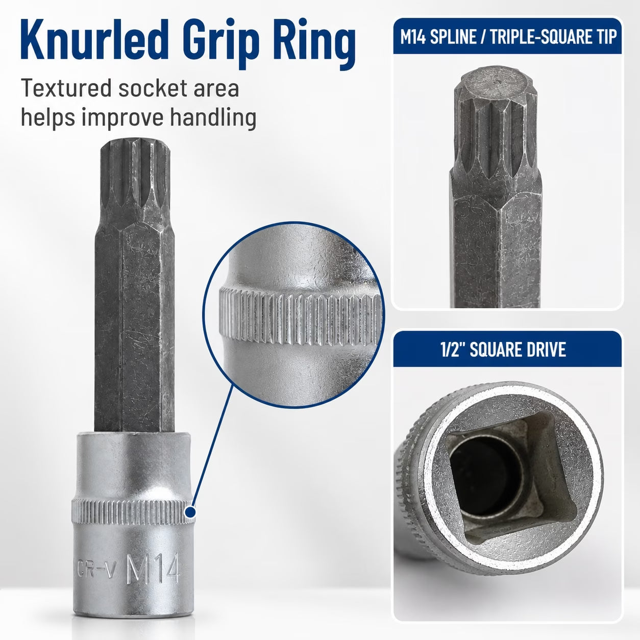 M14 Spline Bit Socket – Silver, 1/2-Inch Drive, 4-Inch Long CR-V Triple Square Socket for Ratchet, Automotive Repair & DIY