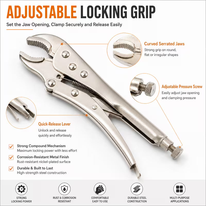 8.5 Inch Curved Jaw Locking Pliers - Silver, Heavy Duty Adjustable Vice Grip, Quick Release Lever, Pressure Adjustment Screw, Serrated Jaws for Welding, Automotive, Plumbing, Workshop & DIY Repairs