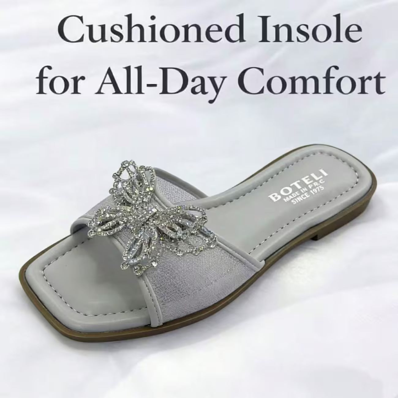 Women’s Rhinestone Butterfly Slide Sandals – Square-Toe Flat Summer Shoes
