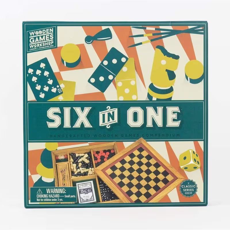 6-in-1 Wooden Toy Set - Default Color Multi-Game Wooden Board Set, Classic Strategy & Family Games for Kids and Adults, Educational Tabletop Game Collection for Home & Travel