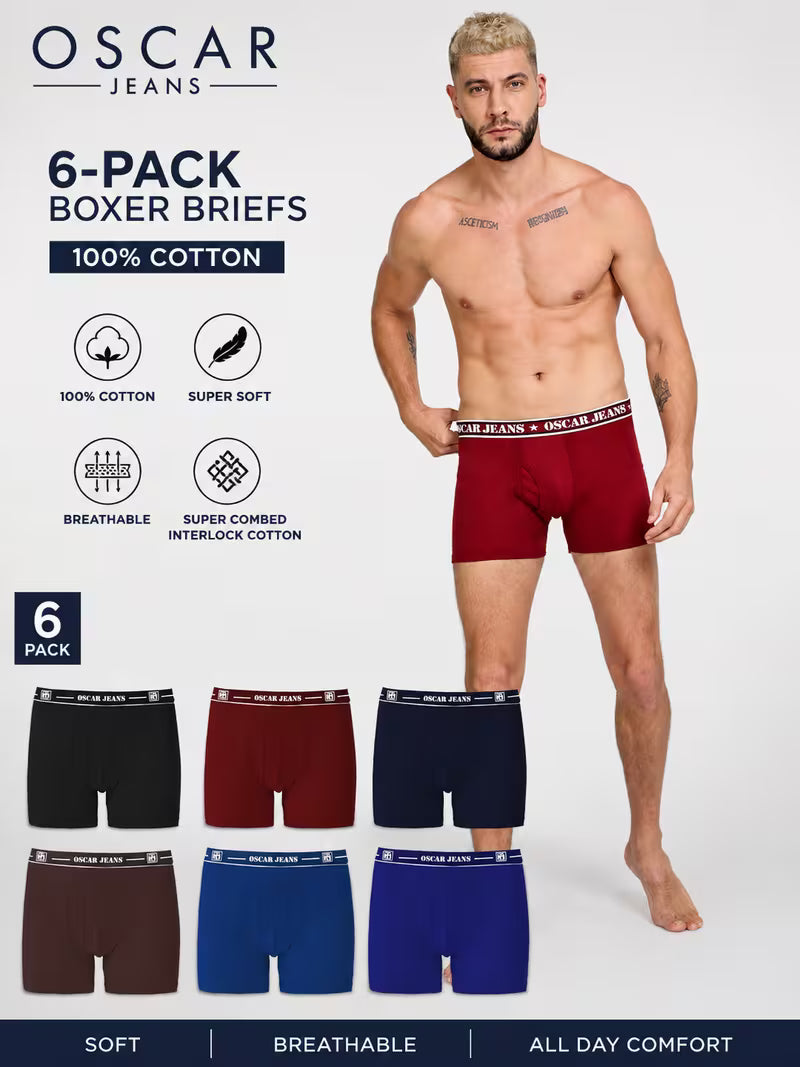 6 Pack 100% Cotton Men's Boxer Briefs - Black/Maroon/Blue/Navy/Brown/Royal, Super Combed Ultrasoft Breathable Underwear, No-Marks Waistband, Tagless Design, Moisture-Wicking Mid-Thigh Fit