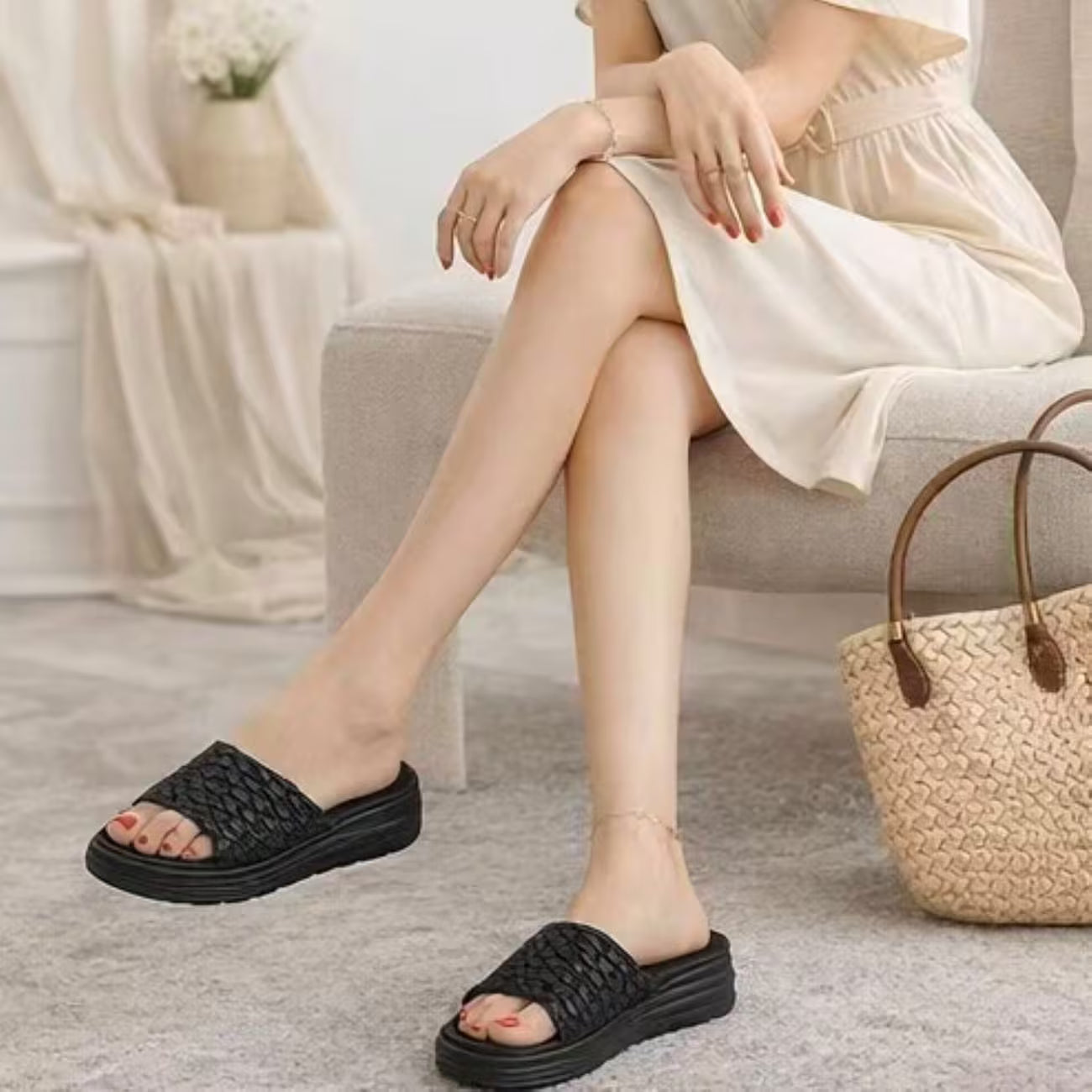 Women’s Ruched Platform Slide Sandals – Open-Toe Wedge Shoes with Braided Straps