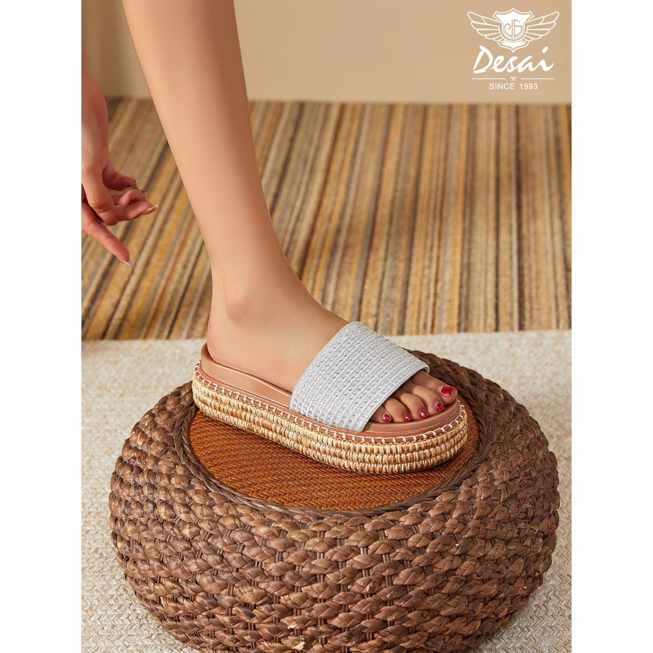 Desai Women's Rhinestone Platform Sandals – Cushioned Slip-On Casual Footwear