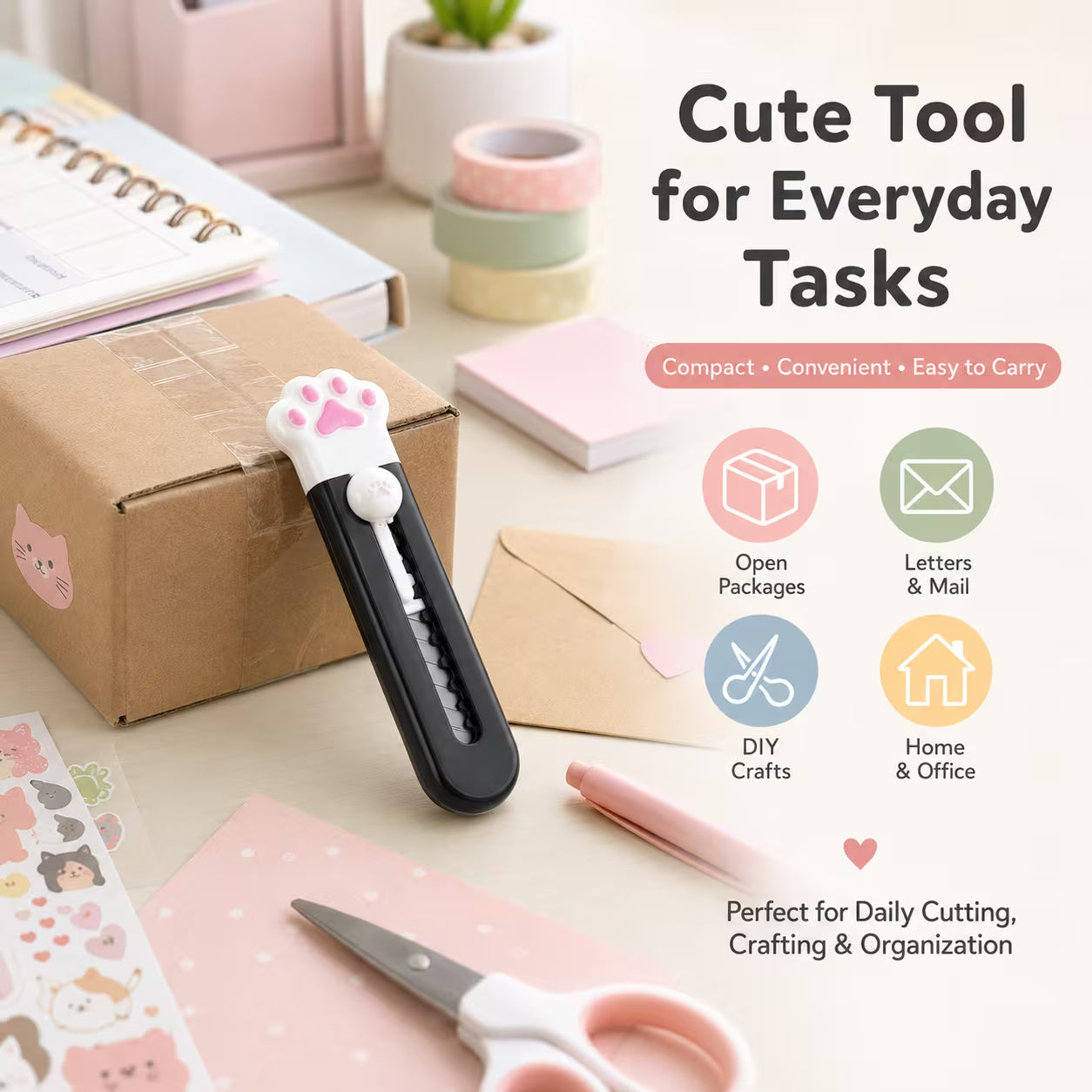 Mini Cat Paw Utility Knife – Black & Pink, Retractable Pocket Box Cutter, Cute Plastic Paper Slitter for Packages, Crafts, Office & DIY