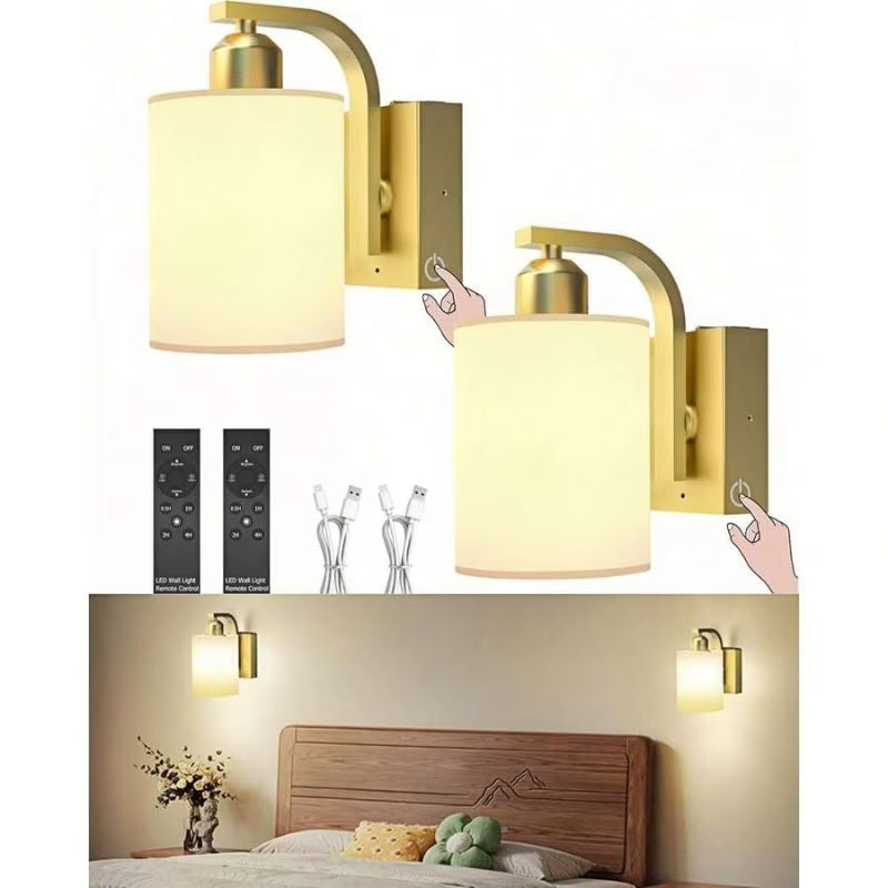 2pcs Rechargeable Fabric Wall Lamps - Golden, Modern Wireless Bedside Sconces, Touch & Remote Control, Dimmable Color Adjustment, Timer & Memory Function, USB Powered, Suitable for Bedroom, Living Room, Hallway & Hotel