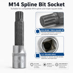 M14 Spline Bit Socket – Silver, 1/2-Inch Drive, 4-Inch Long CR-V Triple Square Socket for Ratchet, Automotive Repair & DIY