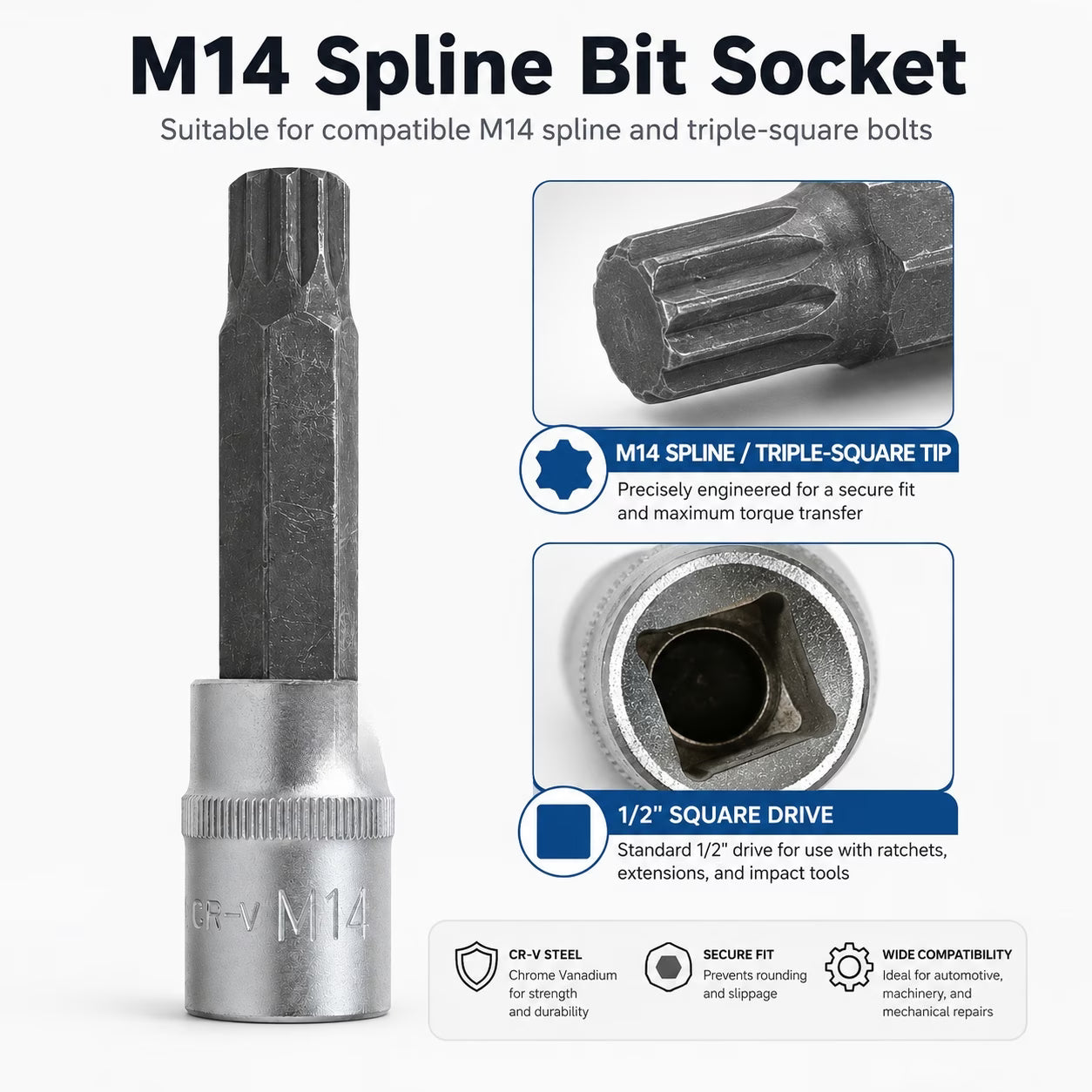 M14 Spline Bit Socket – Silver, 1/2-Inch Drive, 4-Inch Long CR-V Triple Square Socket for Ratchet, Automotive Repair & DIY