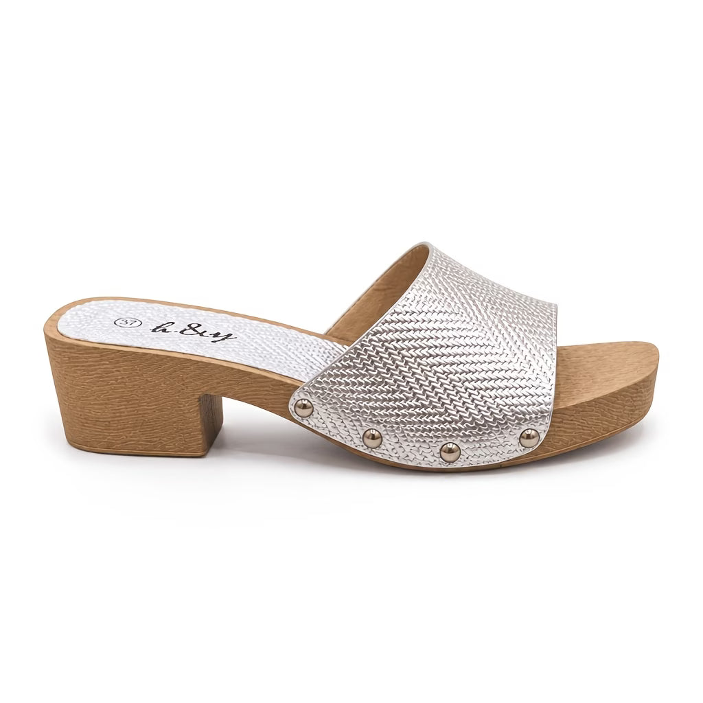 Women's Woven Rattan Mule Slides – Metallic Square Toe, Block Heel Sandals