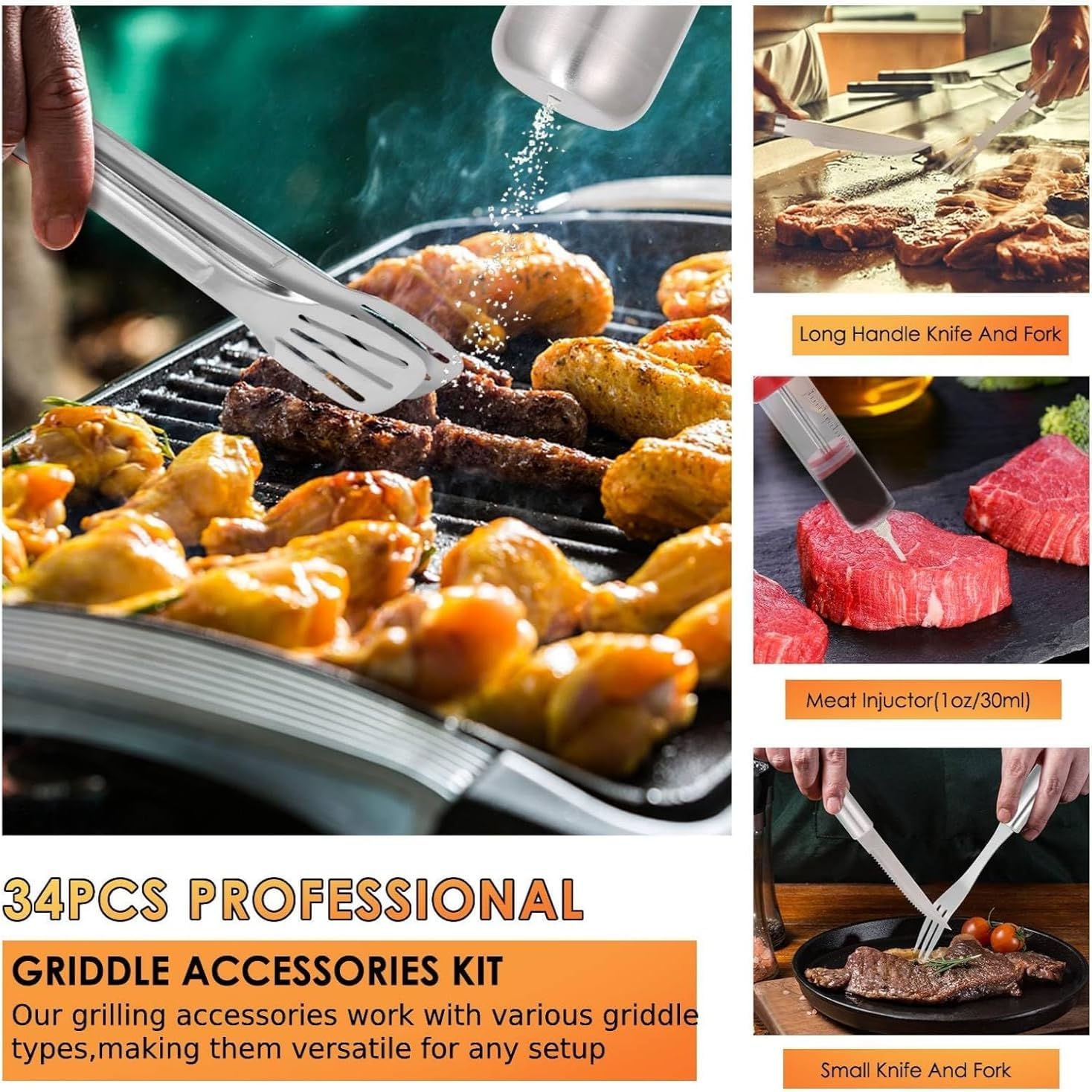 34-Piece Stainless Steel BBQ Grill Tool Set with Carry Bag & Heat-Resistant Gloves